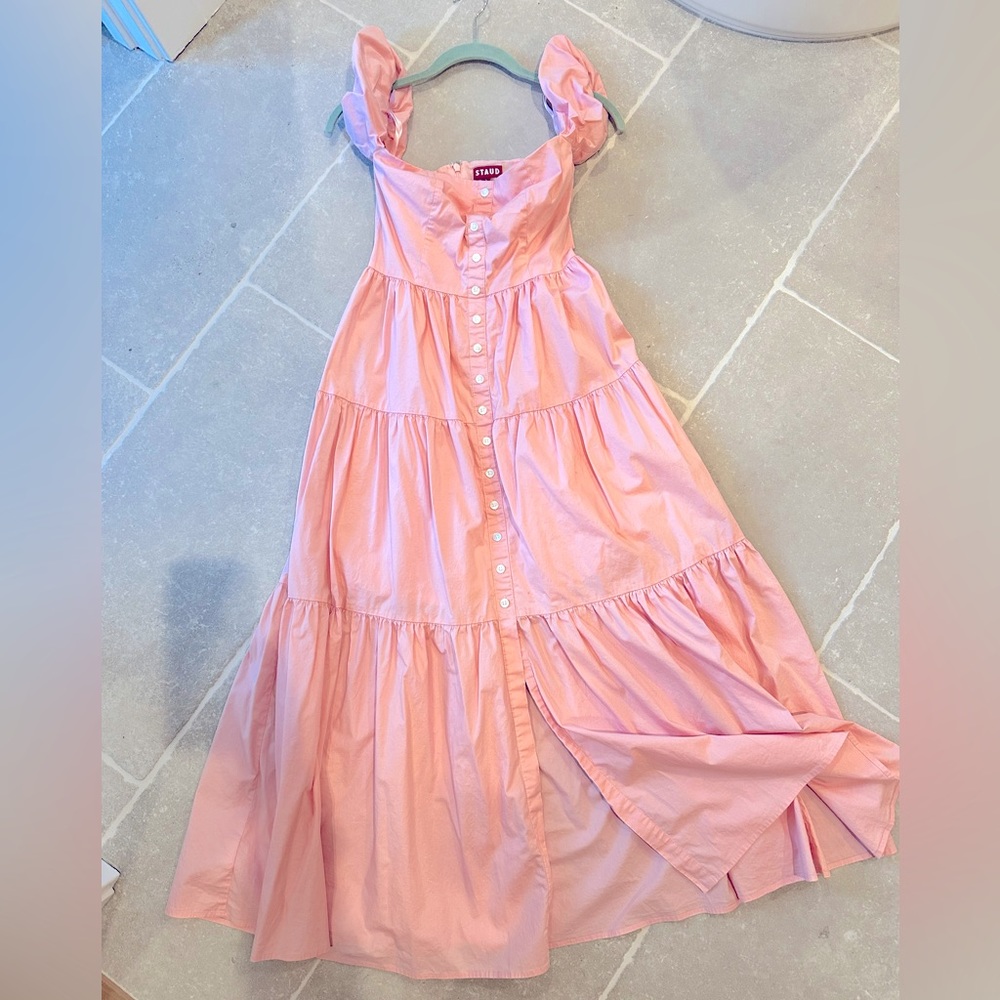 Staud dress with option for on or off the shoulder sleeves.